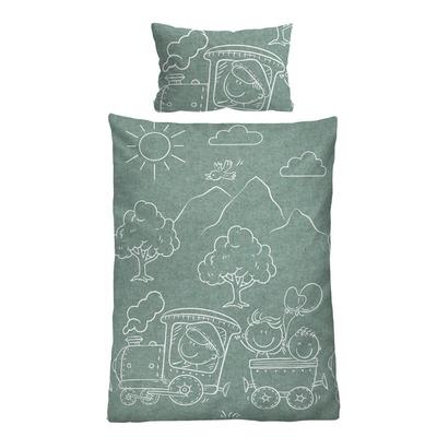 biberna Melange-Flanell Bettwäsche Lokomotive fichte, 100x135 cm + 40x60 cm