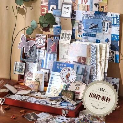 Yoofun 88pcs/pack Retro Material Pack Includes Material Paper Stickers Frame Decorative Papers for Scrapbooking Journals Diary