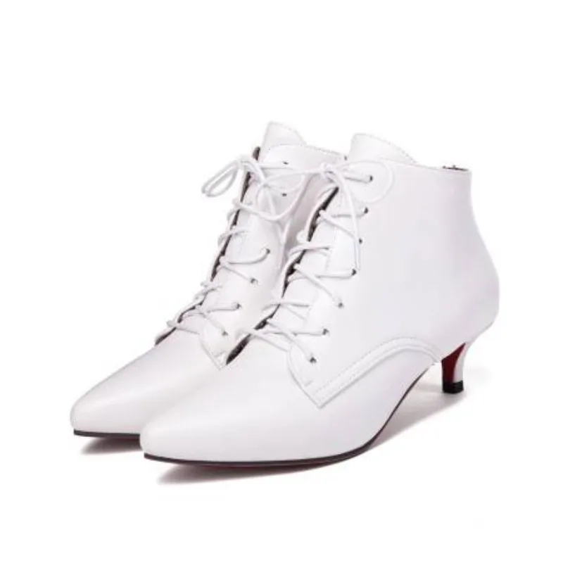 Plus Größe 34-43 Dünne Med Heels Stiefeletten Frauen Schuhe Spitz Spitze Up Mode Komfort Büro Damen Schuhe weiß Rot