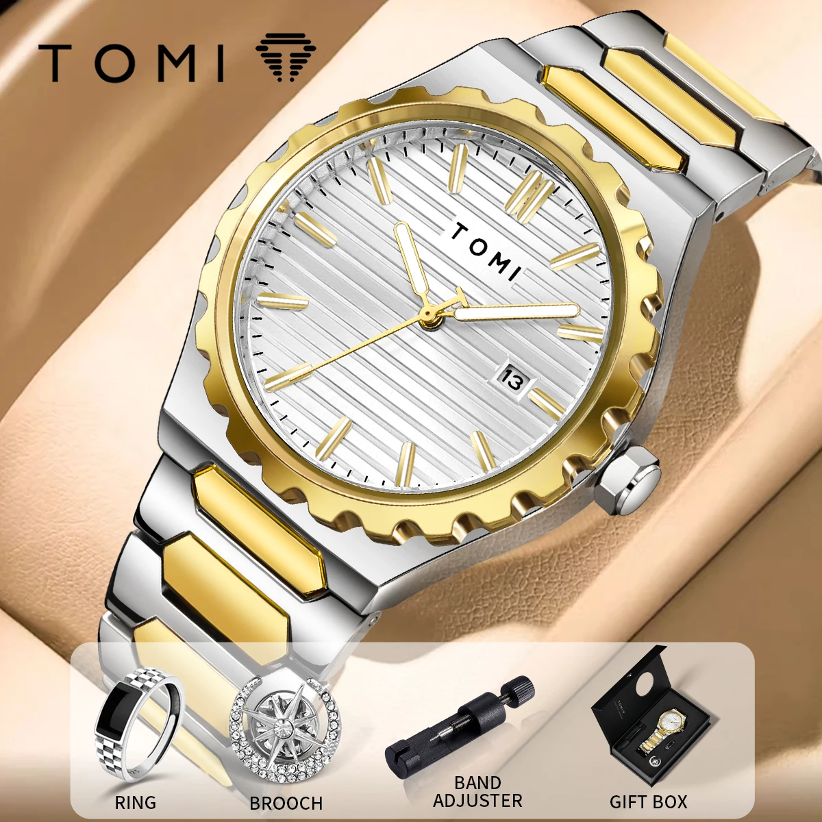 TOMI-Montre à quartz de luxe pour homme, coffret cadeau, bande d