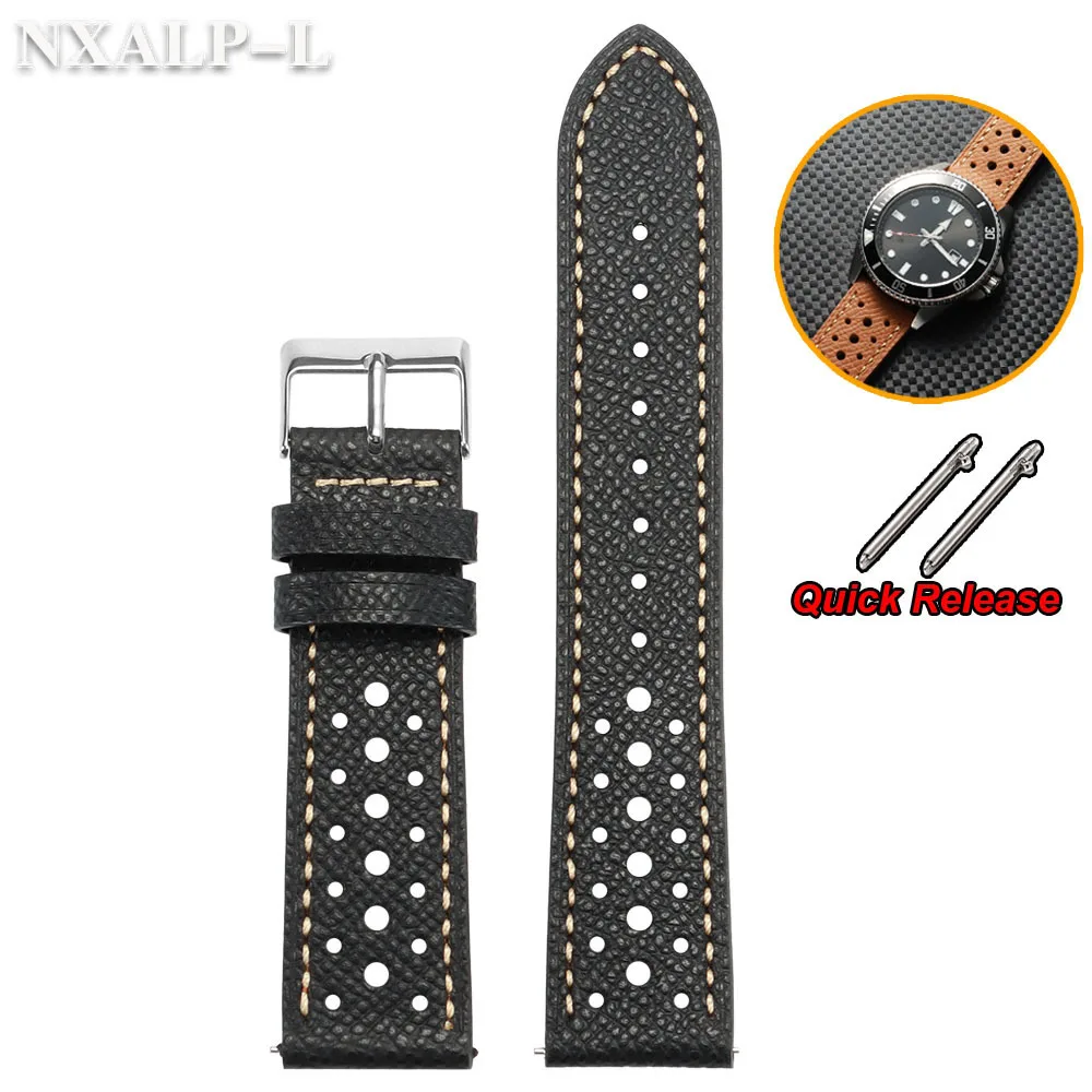 Schnellverschluss-Uhrenarmband aus Rindsleder für Seiko für Omega, echtes Lederarmband, poröses, atmungsaktives Armband, 18 mm, 19 mm, 20 mm, 22 mm Image