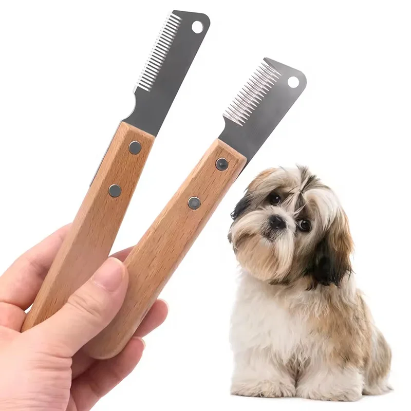 Professionelle Pflege Hund Kamm Edelstahl Holzgriff Abisolieren Messer Pet Haarentferner Zupfen Überschüssige Unterwolle zubehör Image