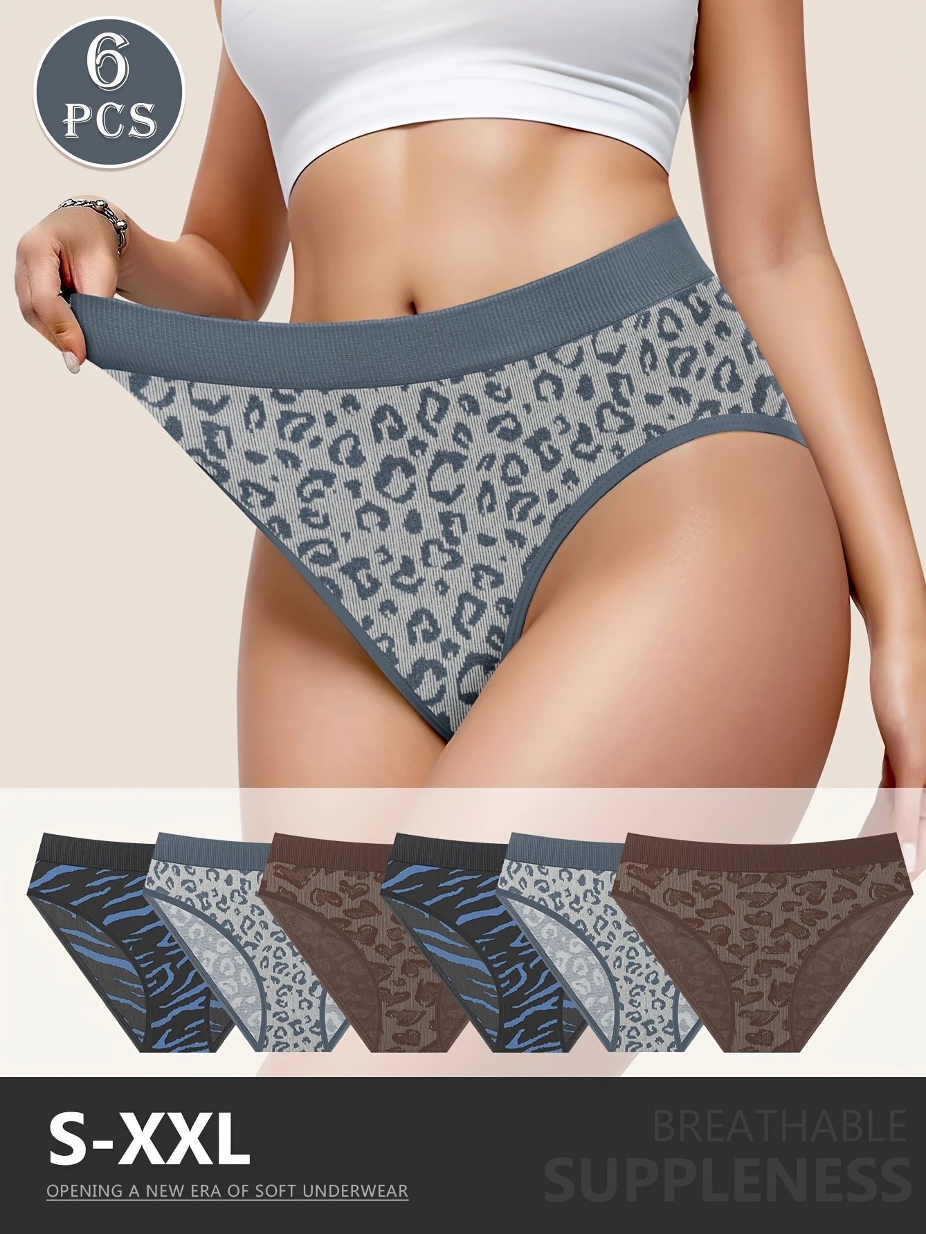 6-teilige Damen-Slips mit niedrigem Bund – weiche, dehnbare, atmungsaktive, gerippte Unterwäsche mit Leopardenmuster, S-XXL-Größen, ganzjährig Image
