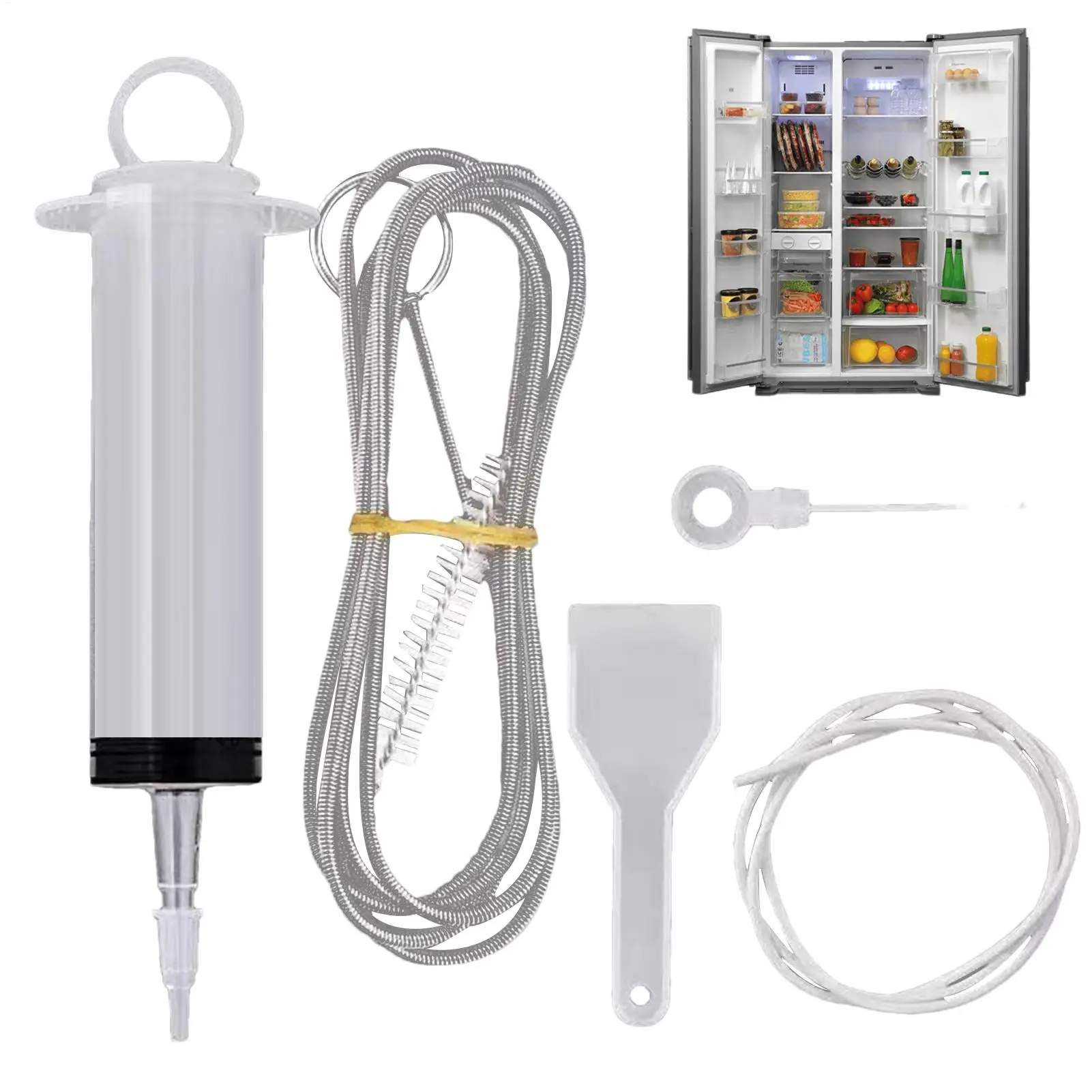 Kühlschrank-Bagger-Set, flexible Kühlschrank-Scheuerbürste, wiederverwendbar, Kühlschrank-Abflussloch, Bagger-Entferner, Reinigungsspritze, Schaufel Image