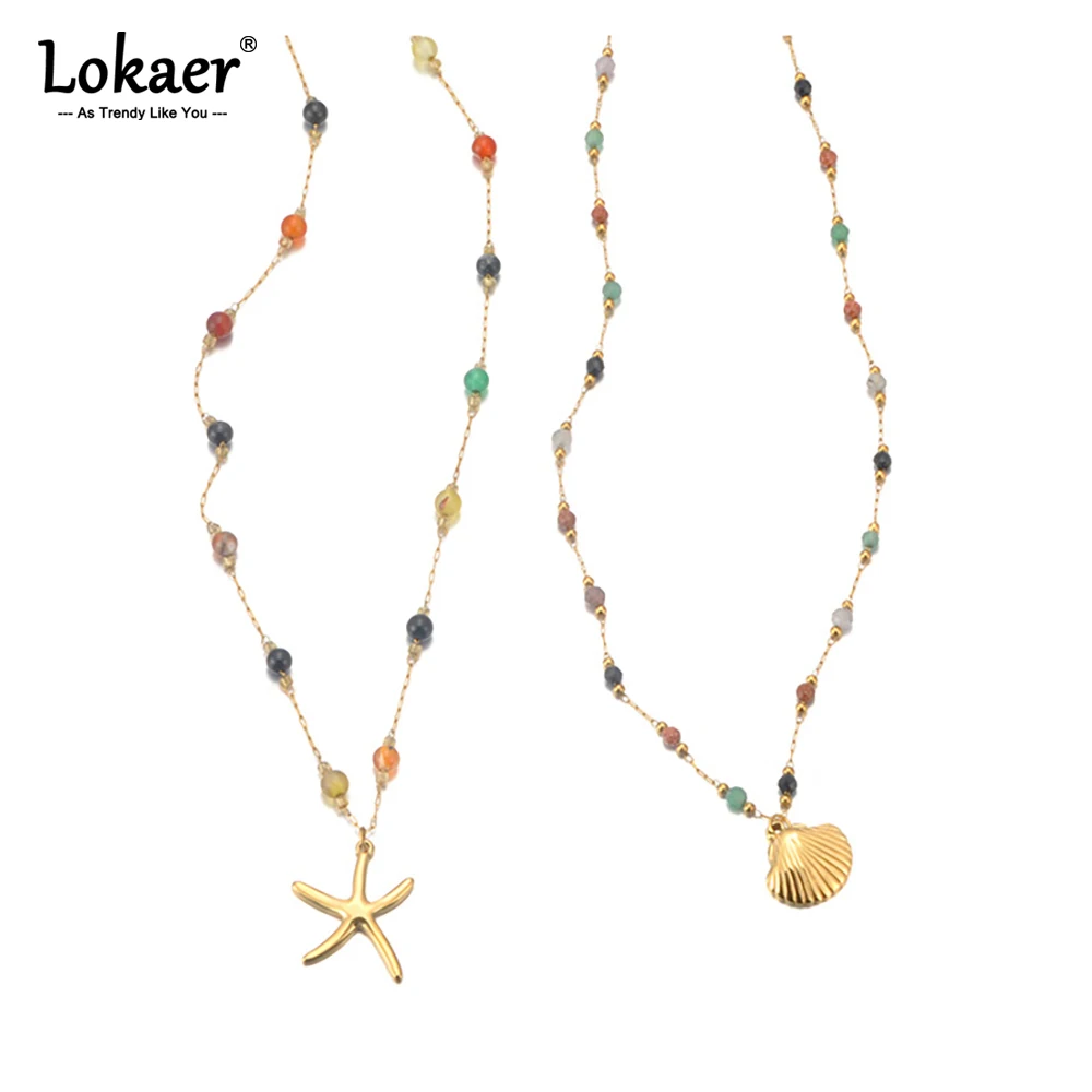 Lokaer Bohemian Bunte Stein Seestern Shell Anhänger Halskette für Frauen Edelstahl Sommer Strand Schmuck Urlaub N25101 Image