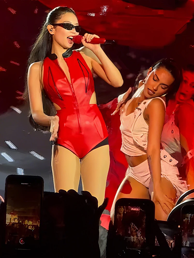 Nibber Music Festivals 2-teiliges Set für Damen, Reißverschluss, tailliert, Leder, dünne Playsuits + unregelmäßiger Saum, bedruckte Röcke, passender sexy Anzug Image