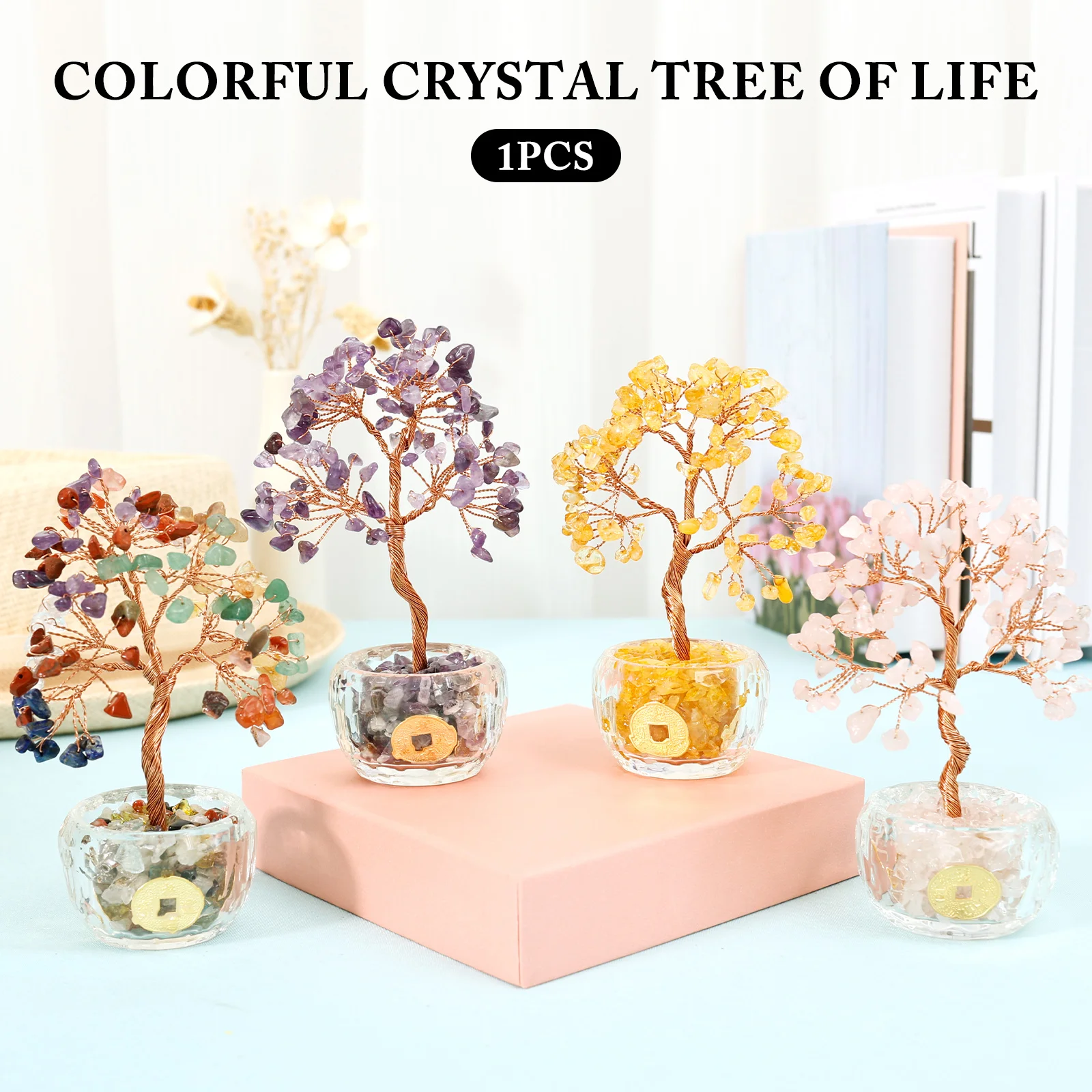 Mini Kristall Geld Baum Kupferdraht umwickelt Kristall Baum Topfpflanze Heilung Edelstein Yoga Feng Shui Bäume Home Kristall Dekor Image