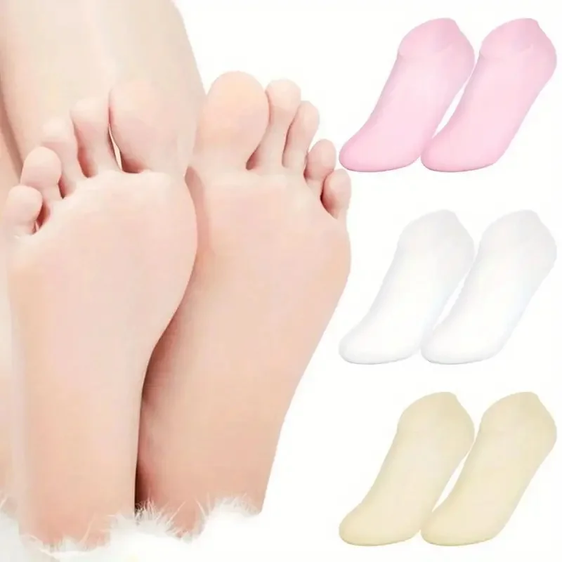 3 Paar Silikon-Fußsocken, zufällige Farben, feuchtigkeitsspendende Massagesocken, hohe Elastizität, Einheitsgröße, geeignet für trockene und rissige Knöchel, Spa-Qualität, formaldehydfrei, Hand- und Image