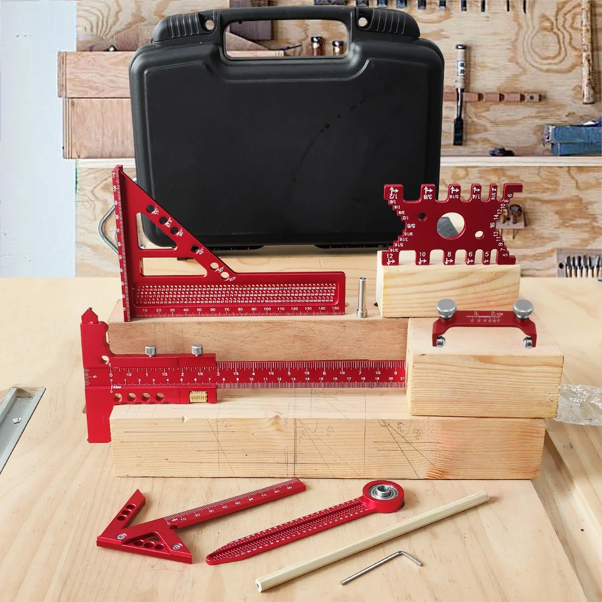 7-teiliges Messlineal-Set aus Aluminiumlegierung für Holzbearbeitung, Markierung, Messlineal mit Box, Präzisions- und Layout, Zimmermannslineal, Holz-Anreißwerkzeuge Image