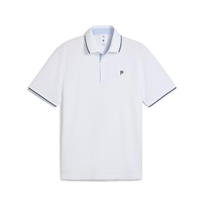 Poloshirt PUMA "PUMA x PALM TREE CREW Tipped Golf-Polo Herren", Herren, Gr. S, weiß glow haute tropic blau, Obermaterial: 5% Elasthan, 95% Polyester; Rippe: 100% Polyester; Einsatz: 92% Polyester, 8% Elasthan, clean, Kurzarm, Shirts Image