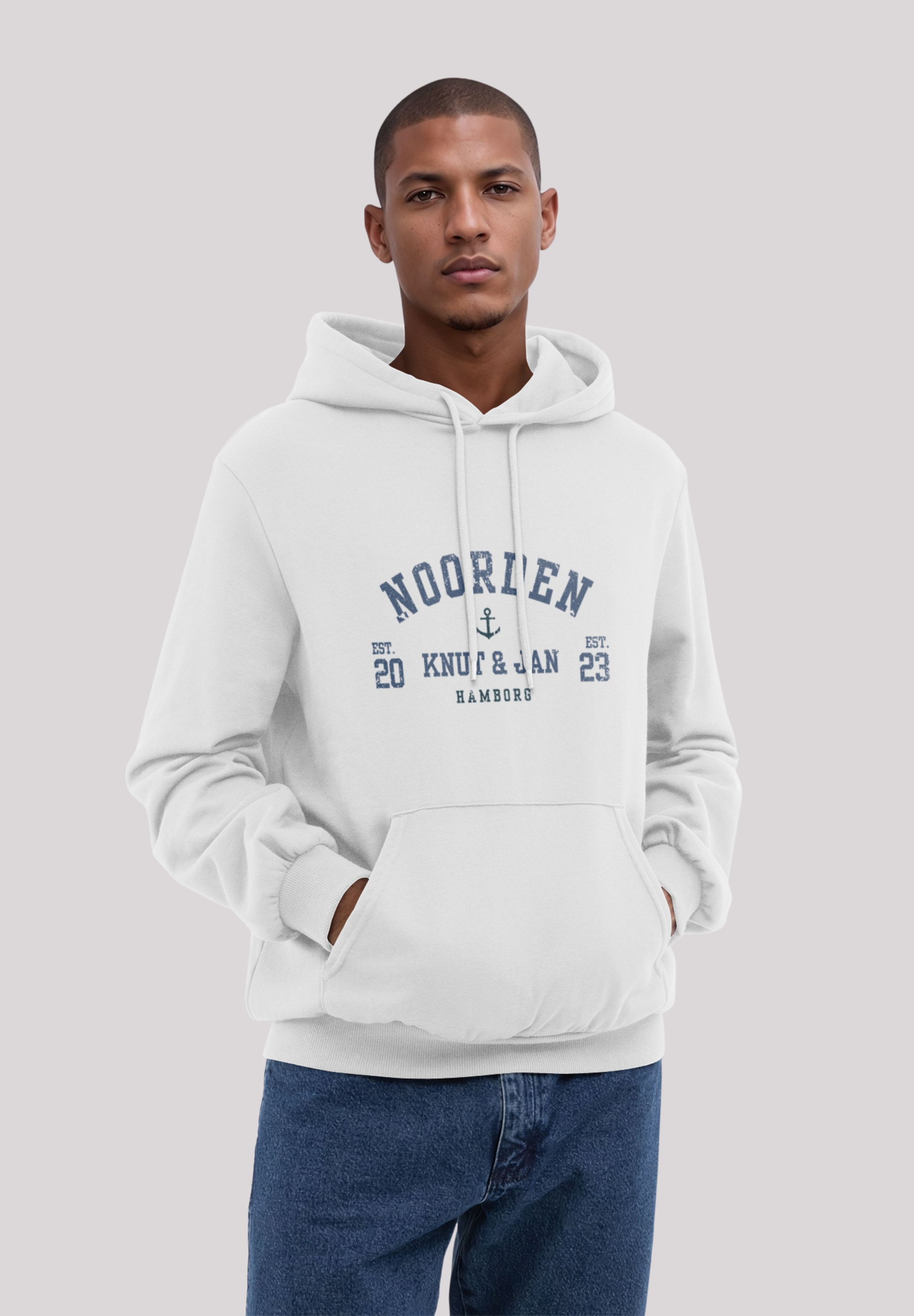 Kapuzenpullover F4NT4STIC "Knut & Jan Hamburg Noorden Collegiate", Herren, Gr. L, off, weiß, Obermaterial: 80% Baumwolle, 20% Polyester, relaxed fit, Pullover, Premium Qualität, Knut & Jan Hamburg Image