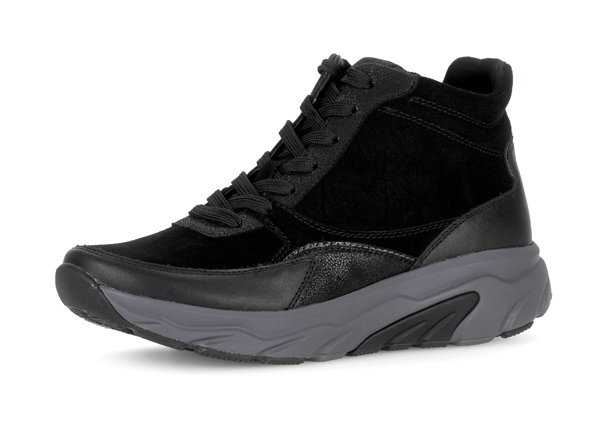 Keilsneaker GABOR ROLLINGSOFT, Damen, Gr. 38,5, grau (schwarz, anthrazit), Kalbsleder, Veloursleder, Sportlich, Schuhe, Schnürboots, High Top-Sneaker, Komfortschuh, gepolsterter Schaftrand