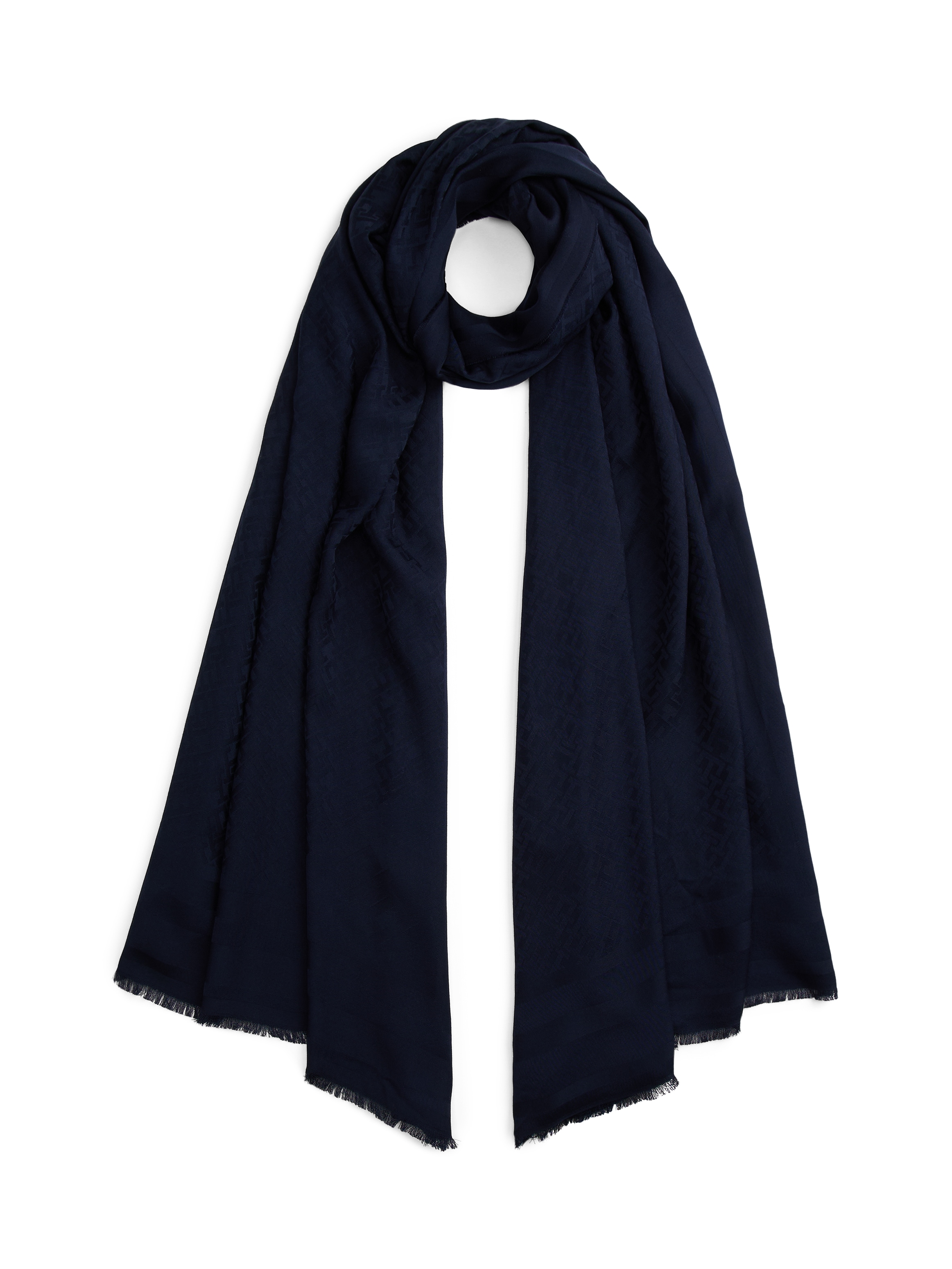 Schal TOMMY HILFIGER "TH MONOGRAM", Damen, blau (space blau), Web, Kunstfaser, Modetücher Schal, mit Fransen und TH-Monogramm