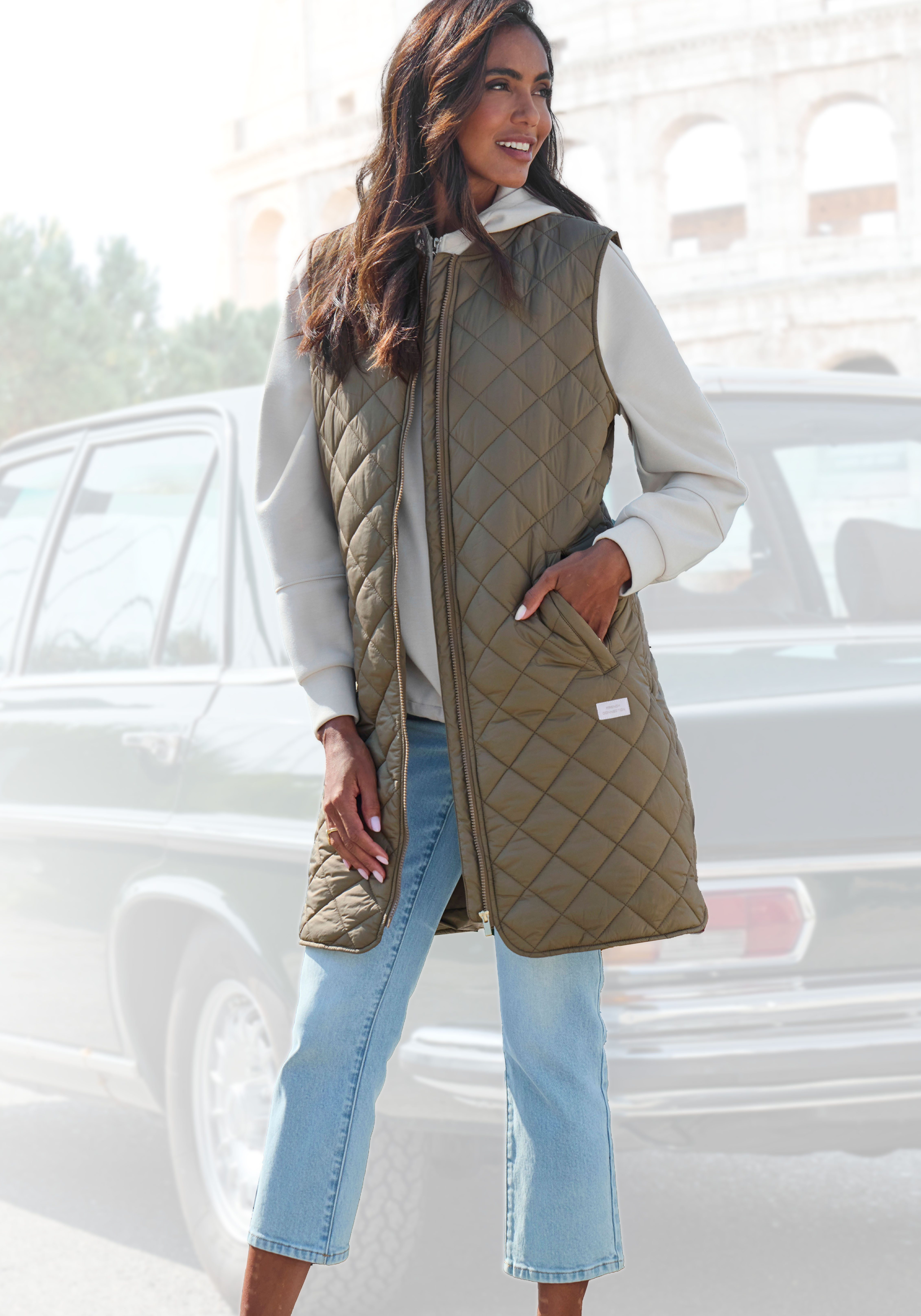 Longweste FRENCH CONNECTION, Damen, Gr. XL (48/50), grün (dunkelgrün), Obermaterial: 100% Polyester, unifarben, gerade wadenlang, Westen Longweste, mit weit geschnittene Schultern