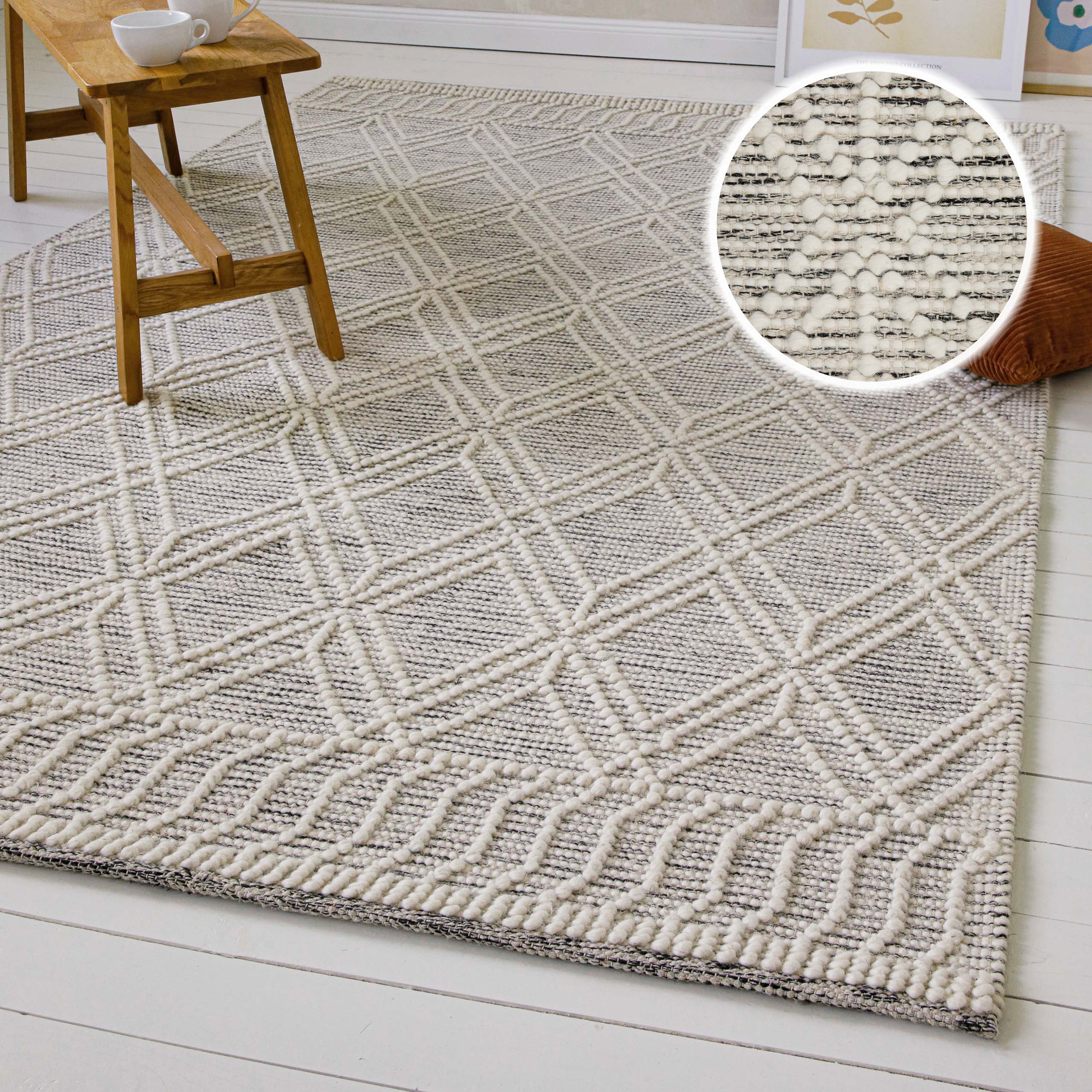 Teppich OTTO HOME "Eleena", wollweiß, B:50cm H:8mm L:80cm, Baumwolle, Schurwolle, Teppiche, 70% Wolle, handgewebt, Raute, Hoch-Tief, Wohnzimmer, Naturfaser Image
