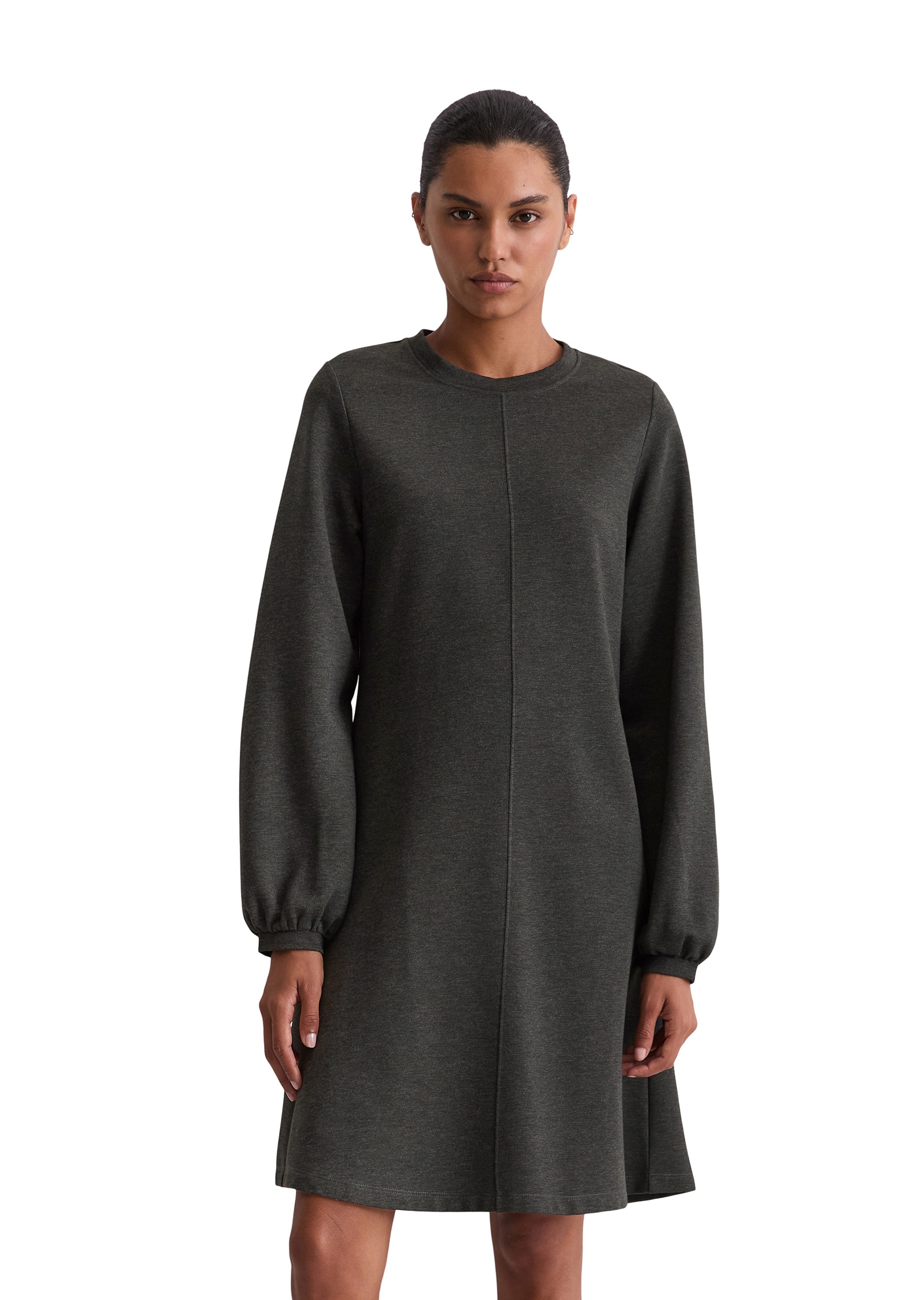 Jerseykleid MARC O'POLO "aus Interlock-Qualität", Damen, Gr. 38, Normalgrößen, grau (dunkelgrau melange), Obermaterial: 94% Baumwolle, 6% Elasthan, unifarben, regular fit kurz, Rundhals, Bündchen, Kleider Jerseykleid