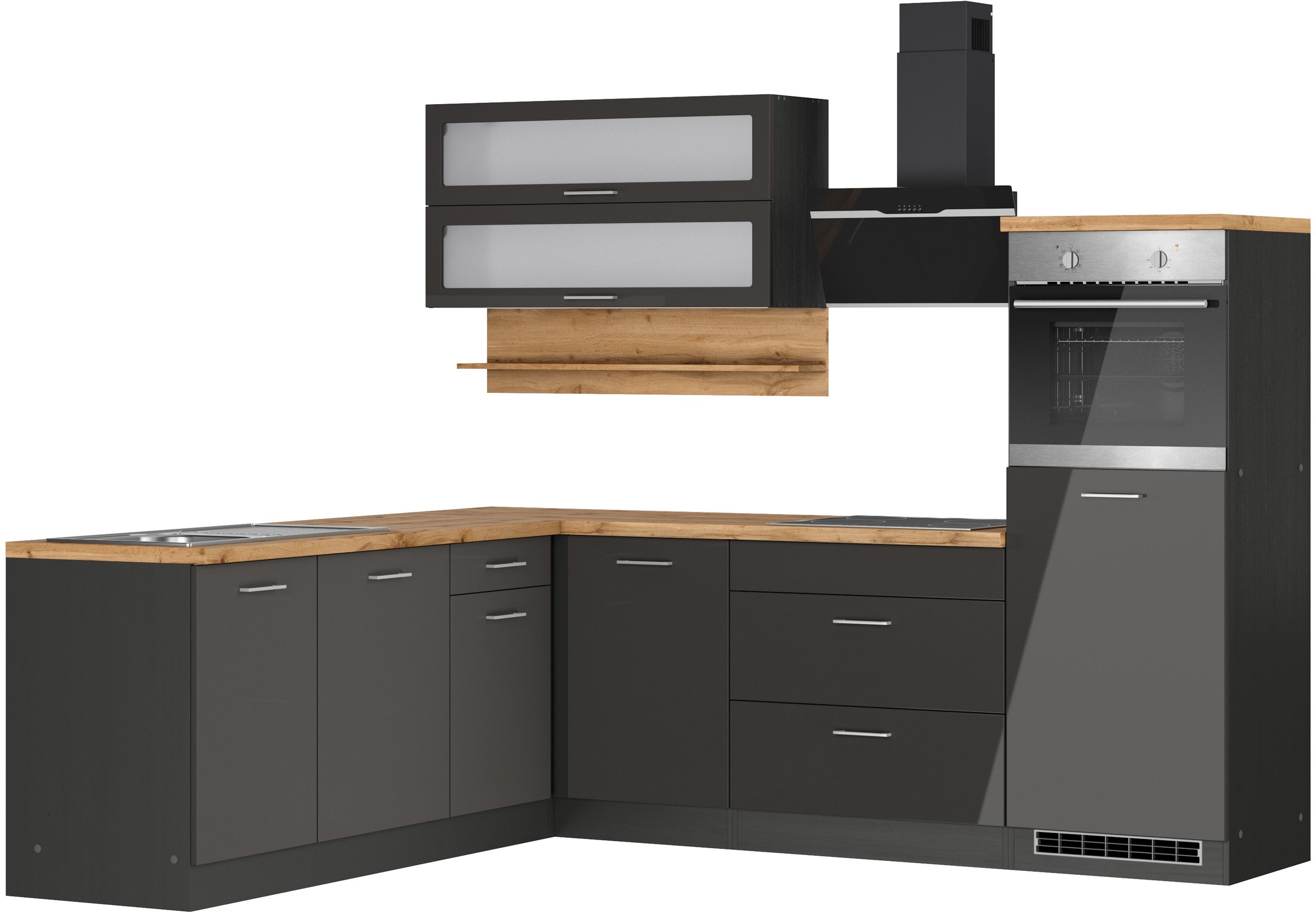 Winkelküche KOCHSTATION "KS-Milan", grau (küche: grau, front: grau hochglanz, korpus: grafitgrau, arbeitsplatte: wotaneiche), B:250cm H:200cm T:60cm, Komplettküchen-Sets, Stellbreite 250/220 cm, viel Stauraum, wahlweise mit E-Geräten, Topseller Image