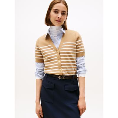 Strickjacke TOMMY HILFIGER "CO JERSEY MID GG GOLD BTN CARDI", Damen, Gr. XL (42), placed thin beige stp sweaters, Strick, Obermaterial: 85% Baumwolle, 15% Polyamid, gestreift, casual, V-Ausschnitt, Halbarm, Strickjacken, mit goldfarbenen Knöpfen Image