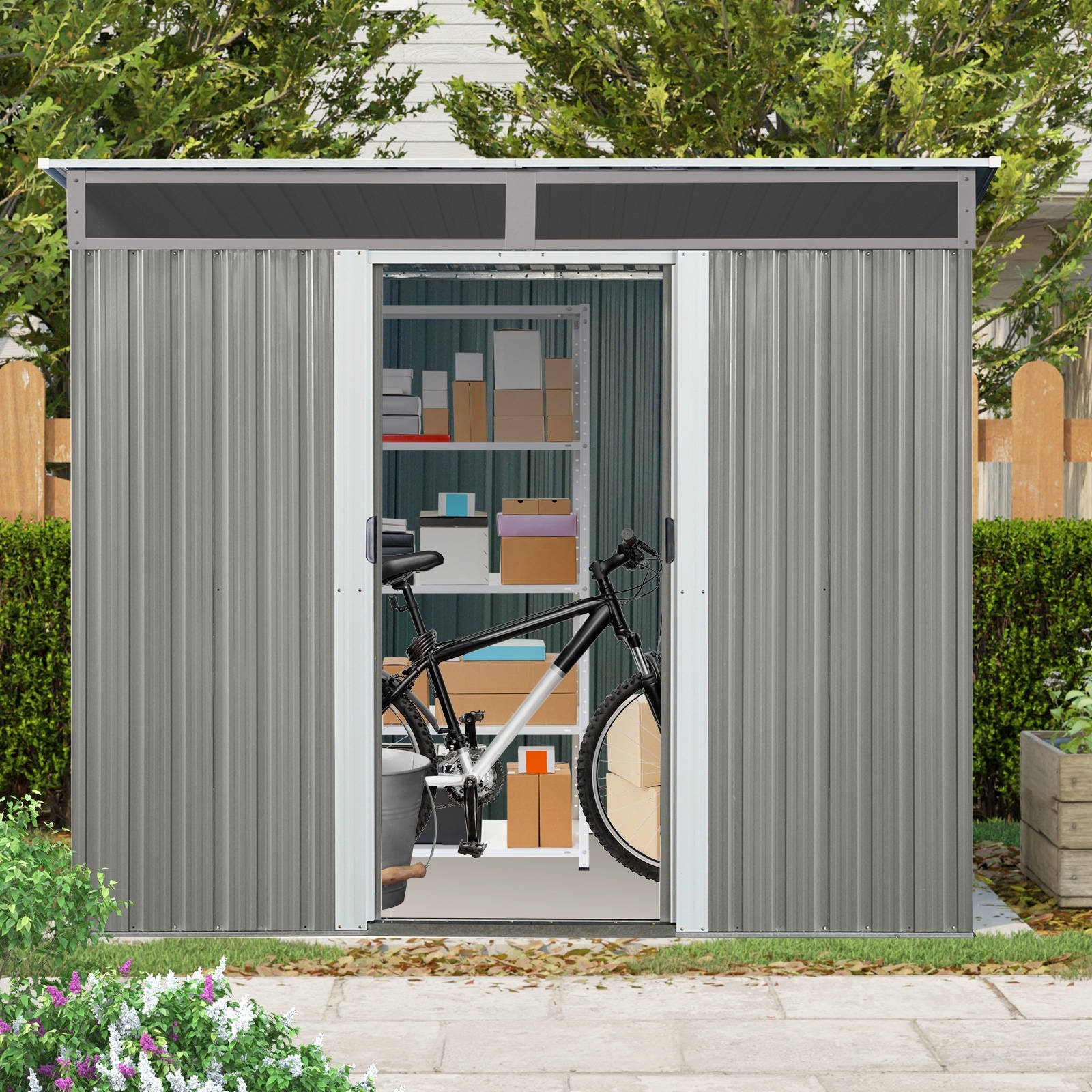 8ft x 6ft Gray Metal Storage Shed - Outdoor Garden Shed with Window, Transparent Panel and Lockable Sliding Door - 8 ft x 6 ft