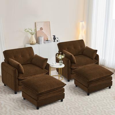 Upholstered Chenille Oversized Accent Armchairs with Ottoman and Side Pocket Set of 2