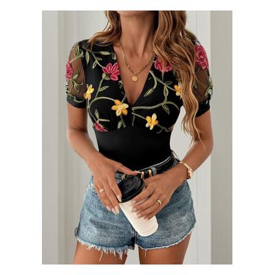 Damen Perfee Bestickter V-Ausschnitt Blüten Bodysuit Image