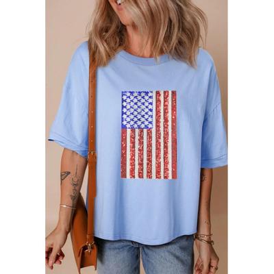 Damenshirt mit Pailletten und amerikanischer Flagge, überschnittene Schultern Image