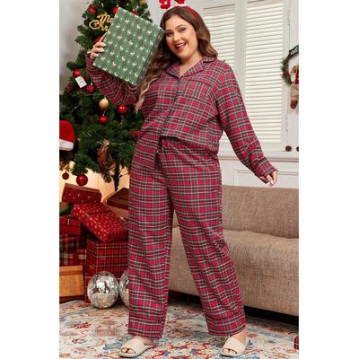 Damen Plus Size Karo Kragenoberteil und Hose Lounge-Set