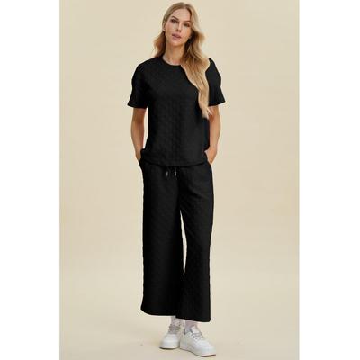 Damen Double Take Full Size Texturiertes Rundhals Kurzarmoberteil und Hosen-Set Image