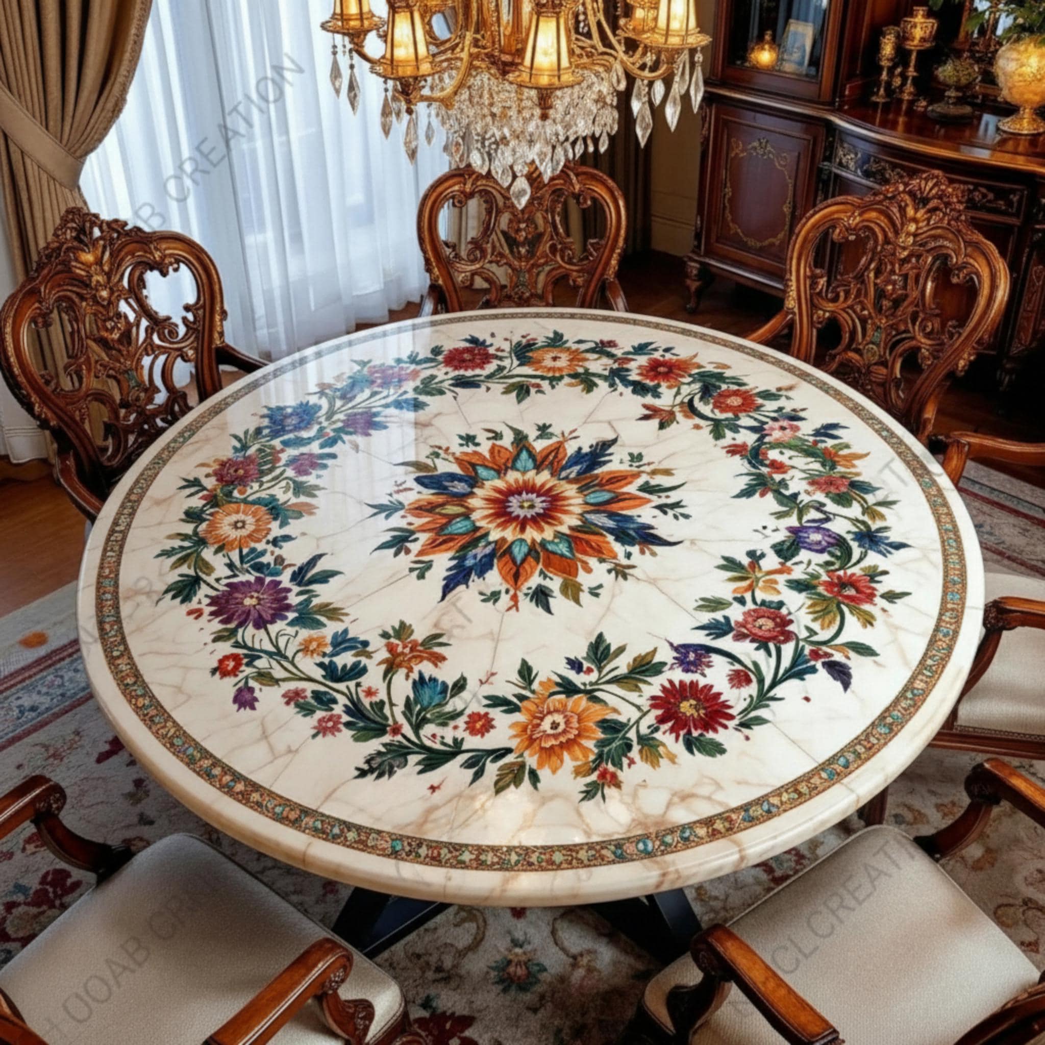 Tavolo da pranzo rotondo con intarsi in marmo bianco e decorazioni floreali con pietre preziose / Mobili di lusso con intarsi