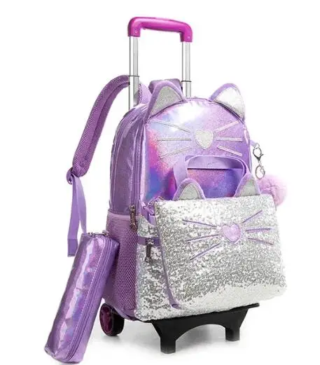 Sacs de chariot d'école pour enfants 3 pièces pour filles ensemble de sac à dos à roulettes d'école sac à dos roulant pour étudiants sac à déjeuner sac à stylos 3 en 1