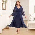 Plus Size Donna Elegante Maglia trasparente Manica lunga Scollo a V Pieghettato A-Line Maxi Abito da festa Cocktail Banchetto Abito da ballo Taglia 1XL-5XL
