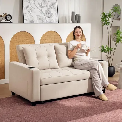 HOMCOM 2 Seater Pull Out Sofa Bed with Pockets for Living Room Beige