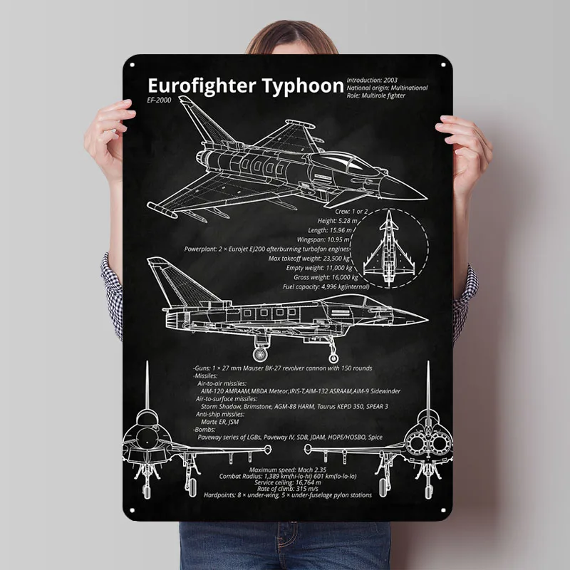 Eurofighter Typhoon EF-2000 Poster Blaupausen Metallschild Wandkunst Wandbild Benutzerdefinierte Blechschilder für Männerhöhle Wandkunst Dekoration Retro Image