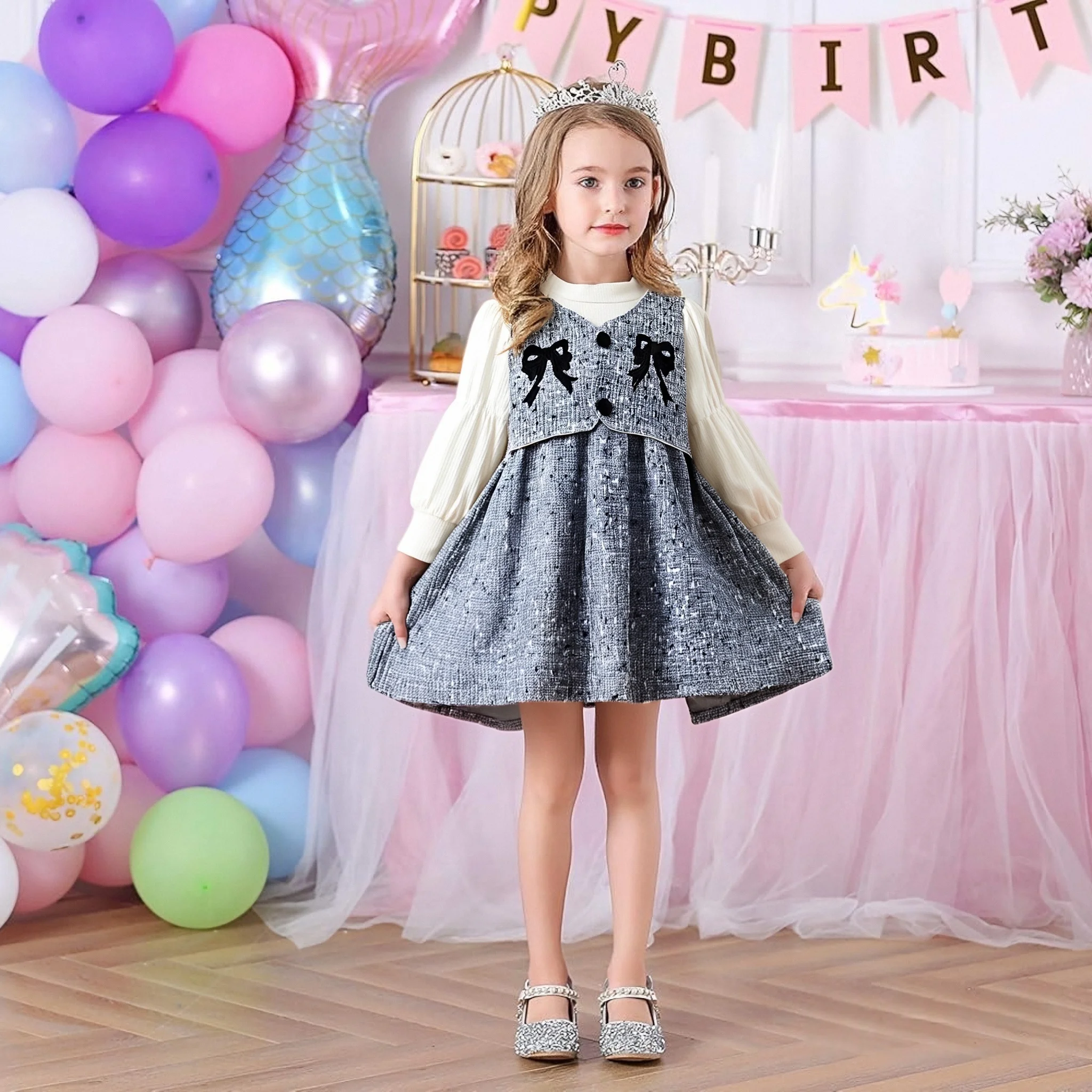 Baby Mädchen Kleid Frühling und Herbst lange Ärmel Schleife Print Rundhals Baby Kleider süße lässige Prinzessin Kleid Image