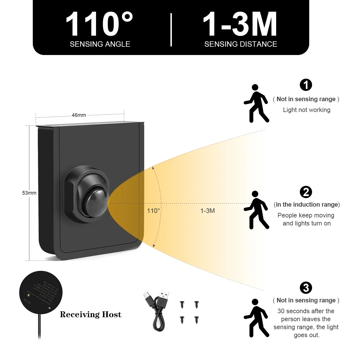 Drahtloser beweglicher PIR-Bewegungsmelder-Schalter, USB wiederaufladbar, DC12V-24V, funktioniert mit Empfänger, mehrteilige Verknüpfung, Verwendung für LED-Licht Image
