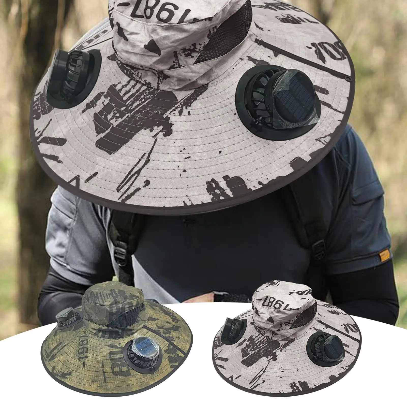 USB-wiederaufladbare Solar-Lüfterkappe, atmungsaktiv, breite Krempe, Angelhut, 3 Windgeschwindigkeiten, Outdoor-Sonnenhut für Reisen, Wandern, Trekking, Landwirtschaft Image