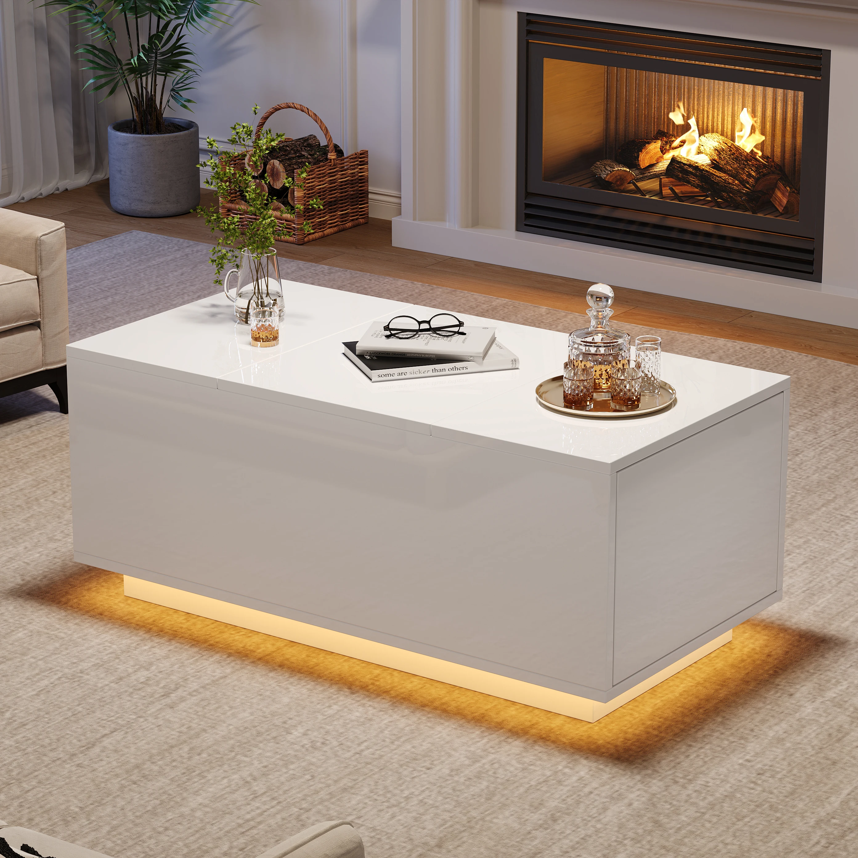 Couchtisch mit Hebeplatte,höhenverstellbar,Sofatisch mit LED-Licht,Multifunktionaler Lift-up-Kaffeetisch,