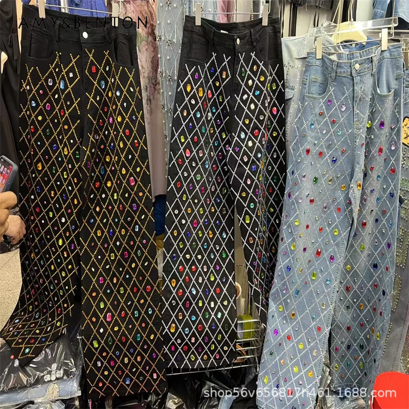 Design Sense Coole Denim-Hosen, schwere Industrie, Diamantbohrer, handgenähte Farbe, lockere Mode, neue Jeans, weites Bein, Hosen für Damen Image