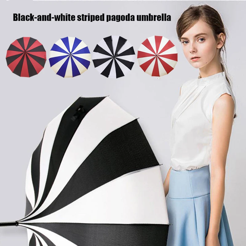 16k Schwarz-Weiß-Retro-Pagoden-Regenschirm, klassischer gestreifter Sonnenschirm, Sonnenschirm, Regen, UV-Schutz, großer Regenschirm mit Hakengriff Image