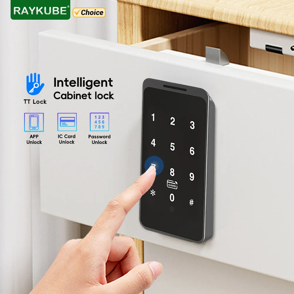 RAYKUBE TT-Schloss, Bluetooth, intelligentes digitales Holzschrankschloss, Schubladenschloss mit Passwort/Karte/APP-Entsperrung für Zuhause/Fitnessstudio/Hotel EM185 Image