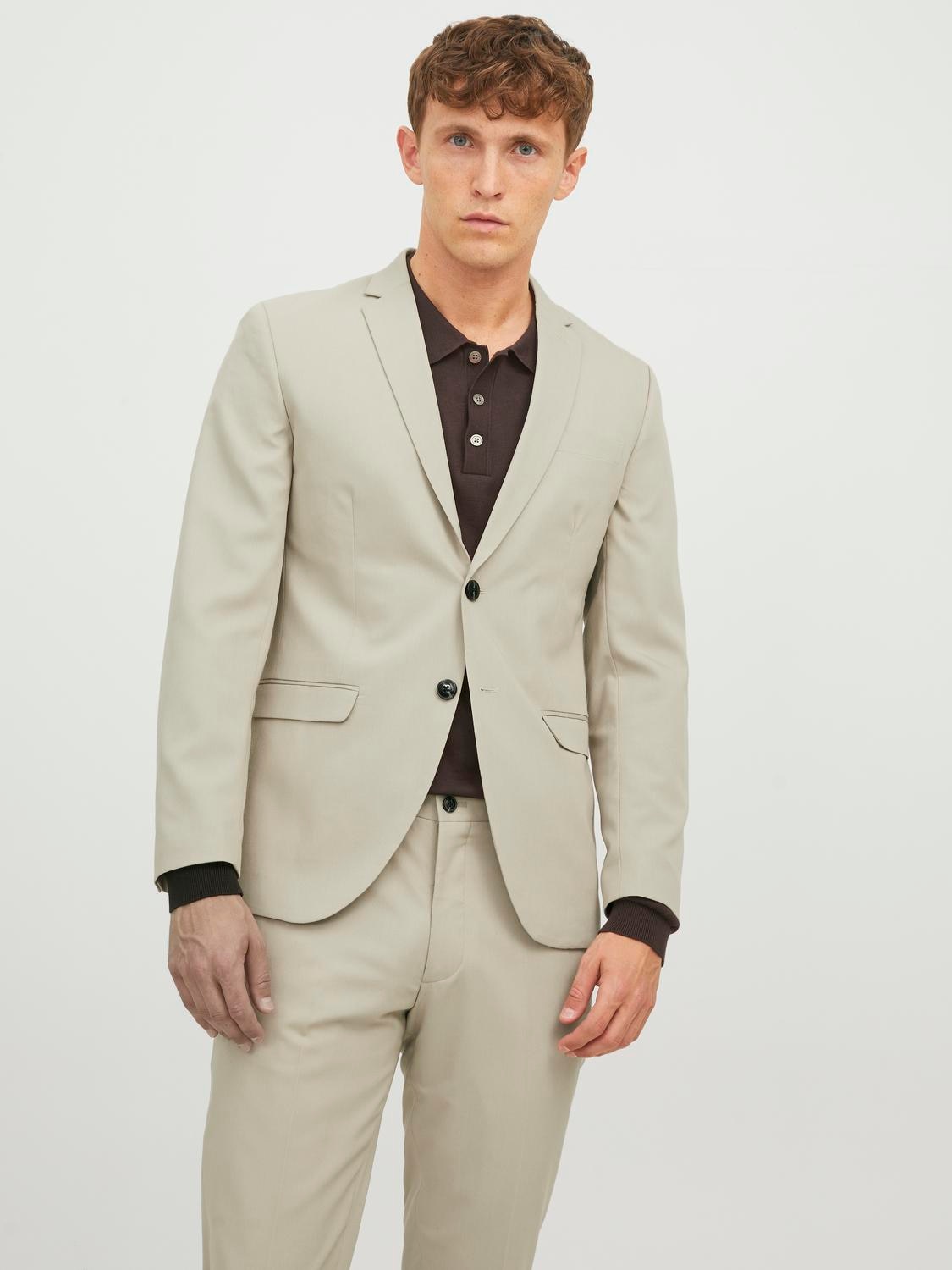 Sakko JACK & JONES "JPRFRANCO Blazer mit 2-Knopf-Form und extra schmalem Schnitt", Herren, Gr. 52, beige (pure cashmere fit:super slim fit), Web, Obermaterial: 78% Polyester, 17% Viskose, 5% Elasthan, unifarben, slim fit, 1-Knopf-Manschette, Sakkos...