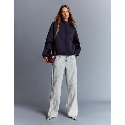 Bershka Low Rider Jacquard Baggy Jeans Women 08 Light Blue