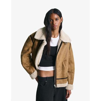 Bershka Faux Shearling Biker Jacket Women M Camel