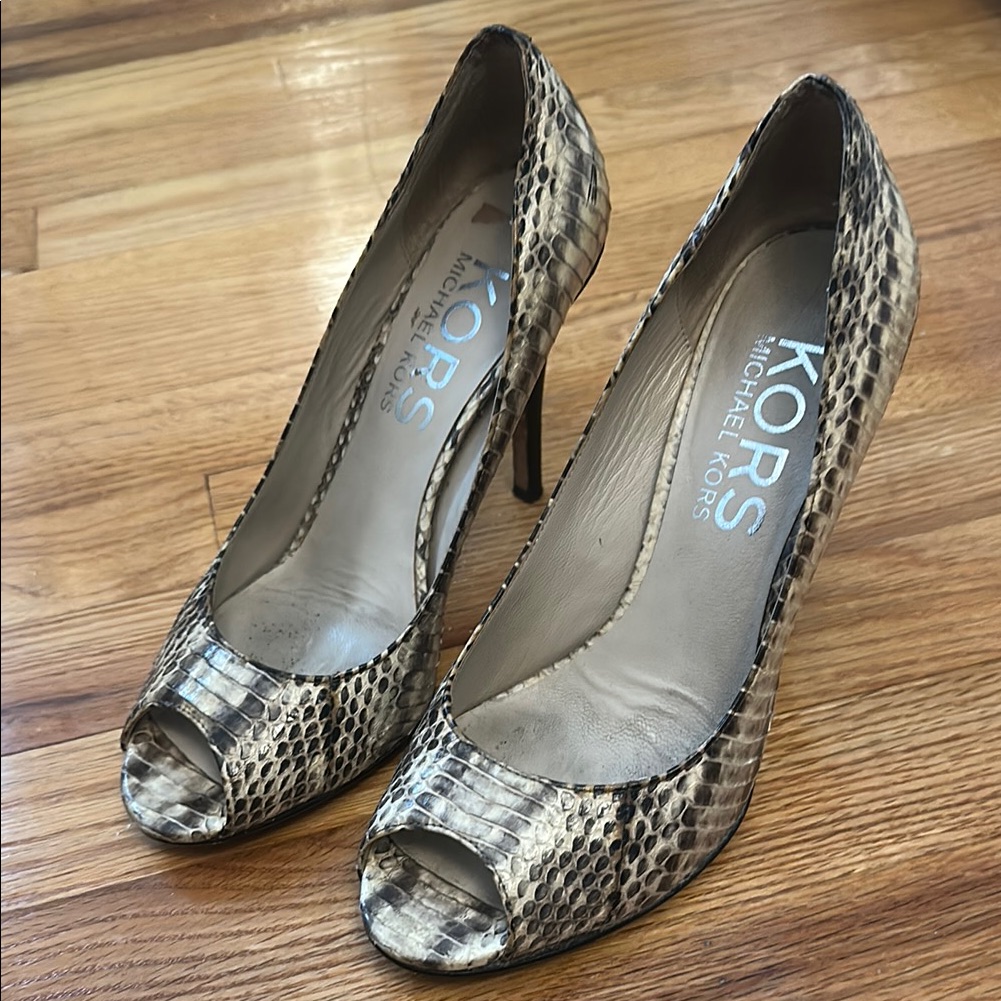 Michael Kors Shoes | Kors By Michael Kors Cream & Brown Peep Toe Heels | Color: Brown/Cream | Size: 7