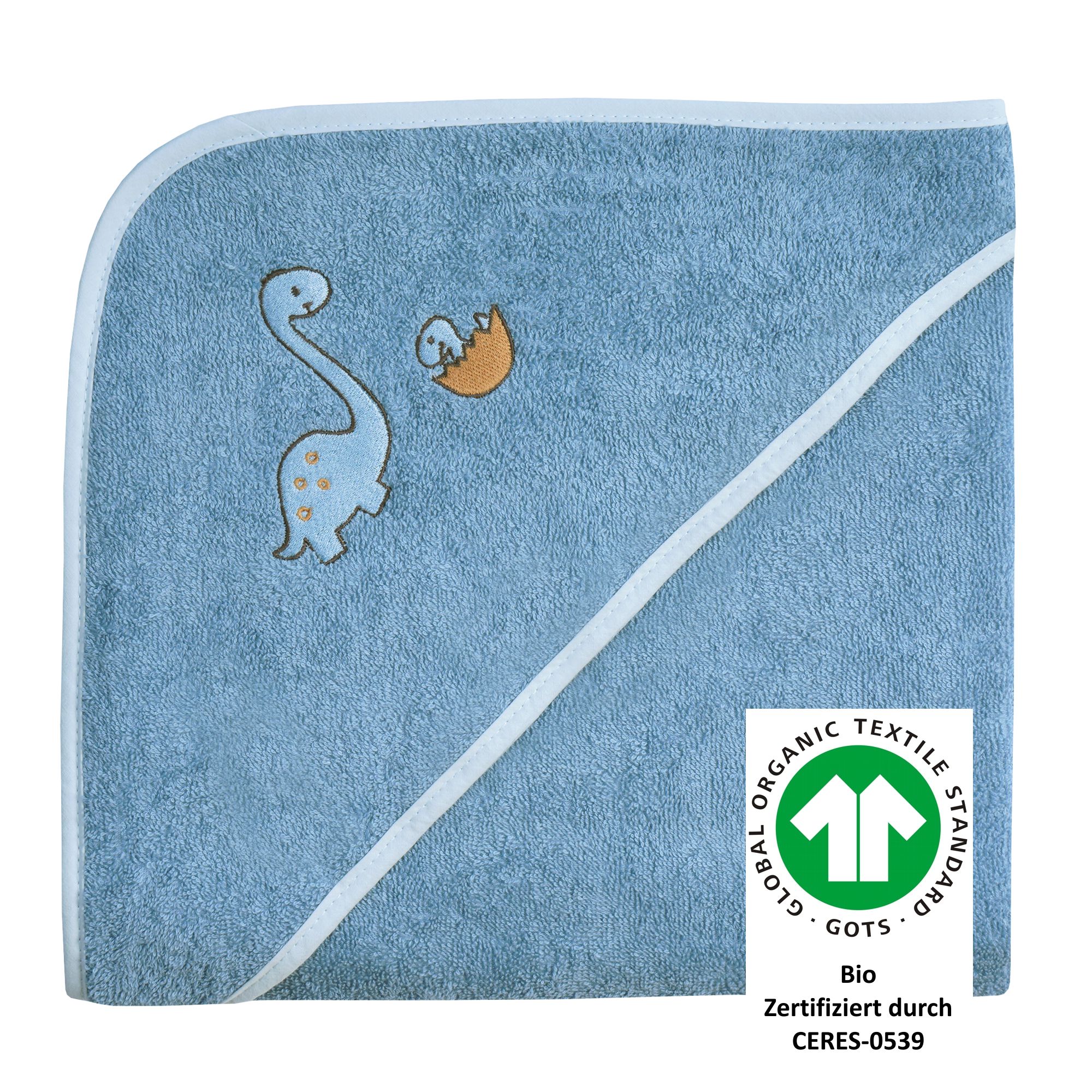 Kapuzenhandtuch WÖRNER "Dinofamilie", stahlblau, B:100cm L:100cm, Frottee, Frottee, Handtücher, Biobaumwolle, mit Kapuze, maschinenwaschbar, trocknergeeignet