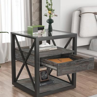 Modern Nightstand with Drawer - Tempered Glass Top