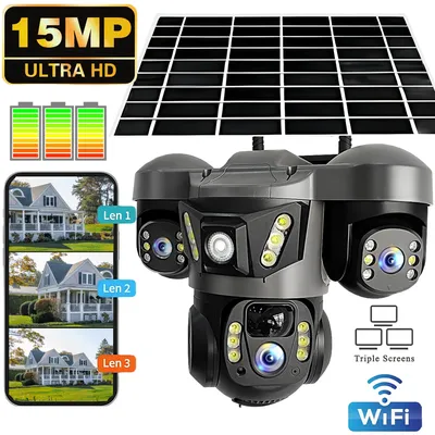 15MP Solar Camera Triple Lens Triple Screen Built-in Battery Two-Way Audio Outdoor Waterproof Security CCTV HD WiFi IP Camera