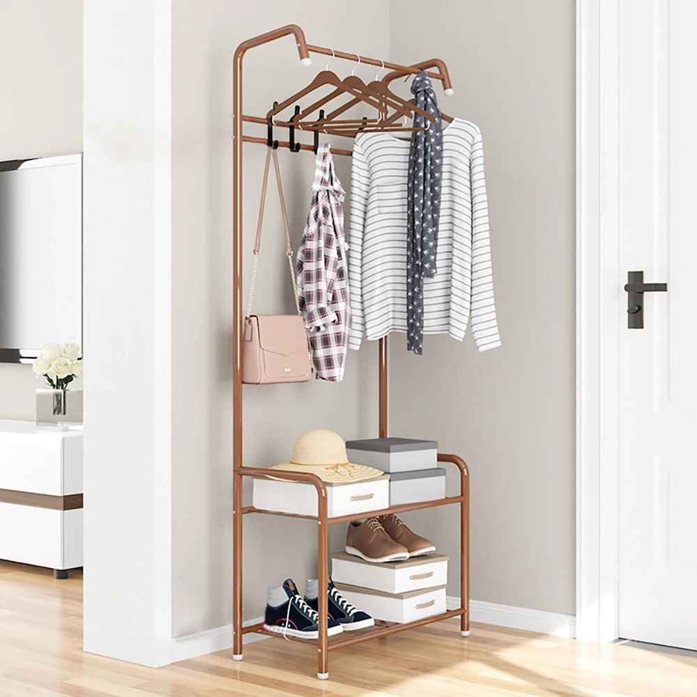 Stabiler Garderobenständer, Schuhregal, Kleiderständer, Hosentaschenaufhänger, integrierte Garderobe, 57 cm, Kaffeefarbe, Garderobenständer für Wohnzimmer und Schlafzimmer