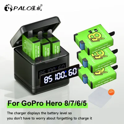 1800 mAh Akku für GoPro Hero 8 Hero 7 Hero 6 Hero 5, schwarzer Akku mit 3-Slot-LCD-Ladegerät für GoPro Hero 8 7 6 5 Sportkamera