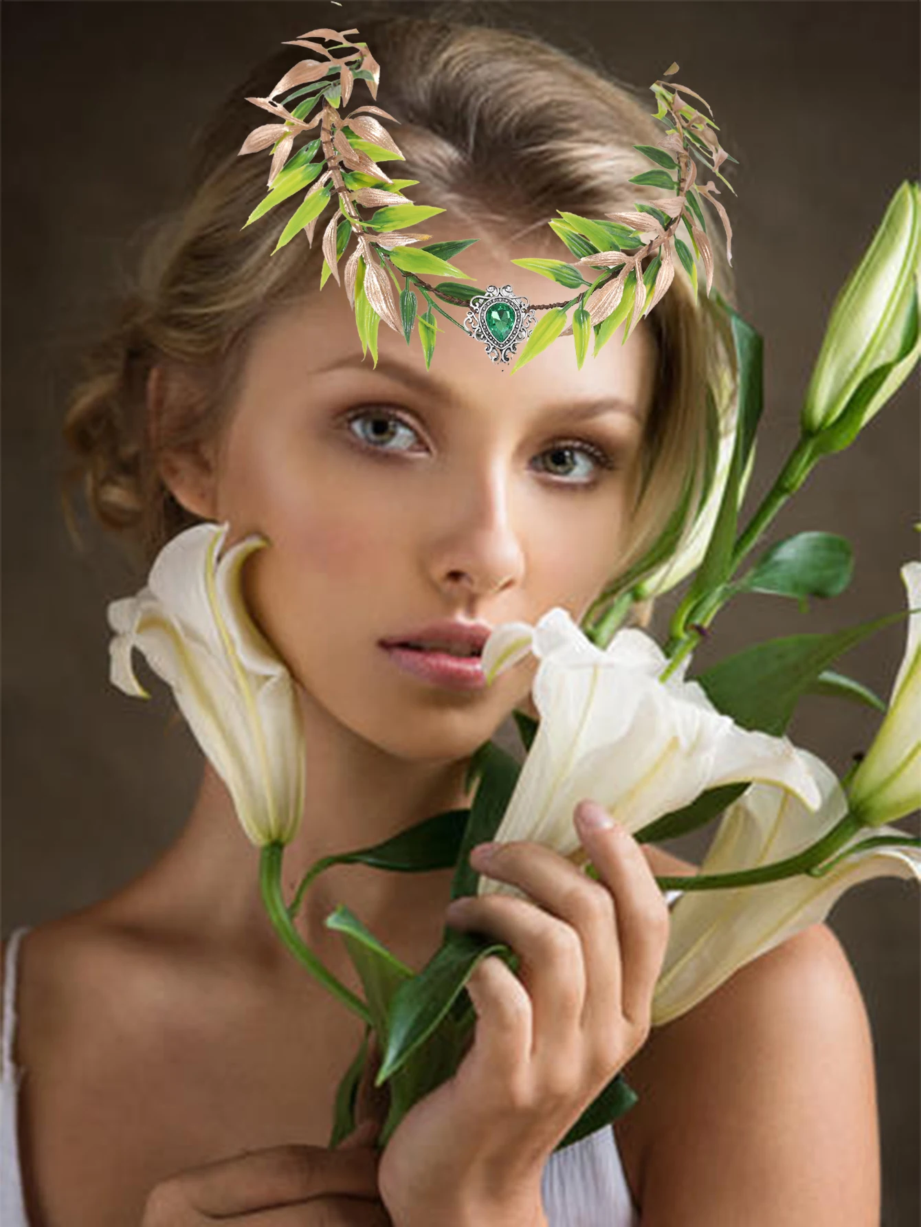 1-teiliges grünes Stirnband und Accessoire für Damen im Barock-Retro-Waldstil, feenhafter, grüner Stirnanhänger mit Blattgold, Feenh Image